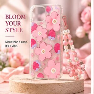 iPhone 16 Pro Strawberry Flower Transparent Case with Pink Pearl Bow Charm by The Accessify