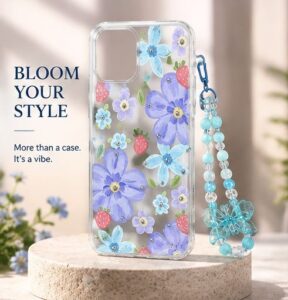 iPhone 15 Blue Floral Transparent Case with Butterfly Pearl Charm | Cute Aesthetic Shockproof Cover | The Accessify