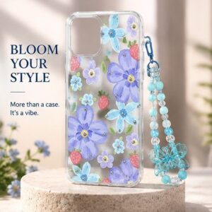 iPhone 15 Blue Floral Transparent Case with Butterfly Pearl Charm | Cute Aesthetic Shockproof Cover | The Accessify