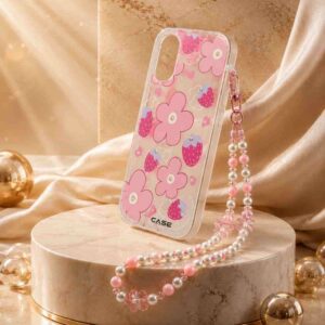 iPhone 16 Cute Strawberry Flower Transparent Case with Pearl Charm by The Accessify