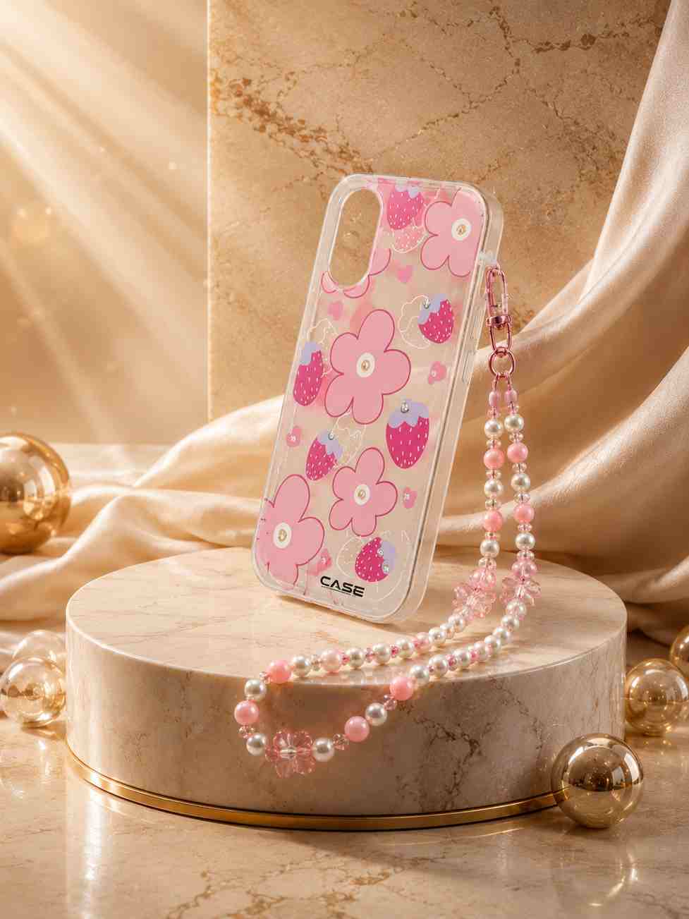 iPhone 16 Cute Strawberry Flower Transparent Case with Pearl Charm by The Accessify