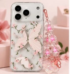iPhone 17 Pro Max Pink Butterfly Transparent Case with Floral Pearl Charm by The Accessify