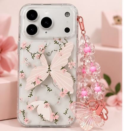 iPhone 17 Pro Max Pink Butterfly Transparent Case with Floral Pearl Charm by The Accessify