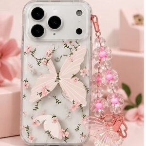 iPhone 17 Pro Pink Butterfly Transparent Case with Floral Pearl Charm | Cute Aesthetic Shockproof Cover | The Accessify