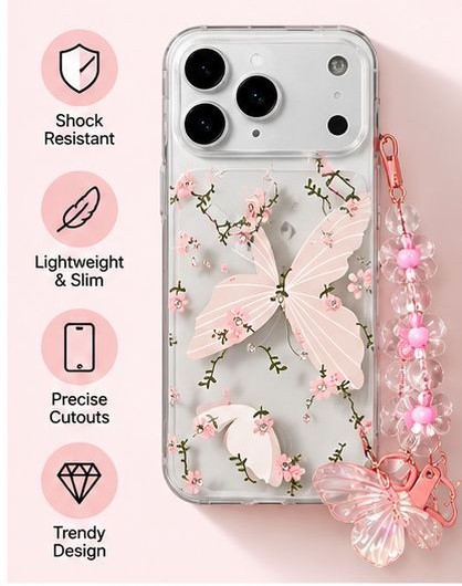 iPhone 17 Pro Max Butterfly Transparent Case with Floral Pearl Charm | Cute Minimal Shockproof Cover | The Accessify - Image 2
